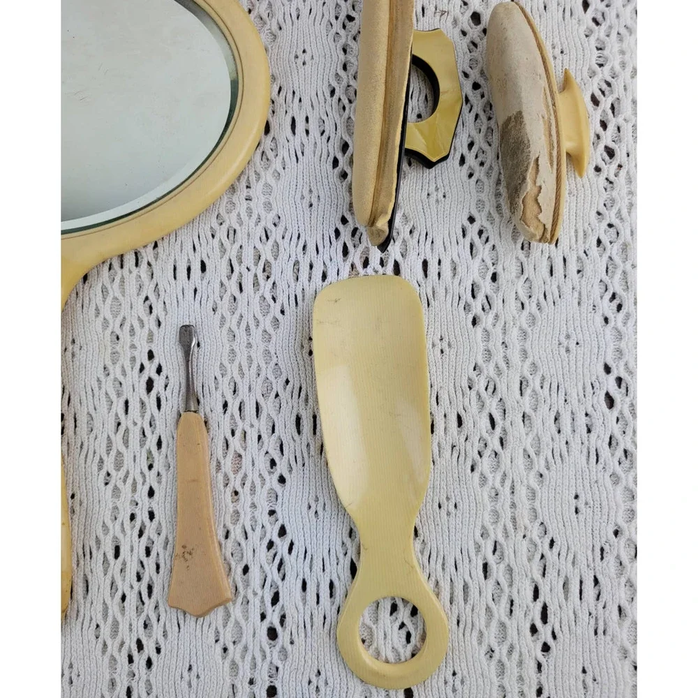Vintage Celluloid or Pyralin Brush Frame Mirror Shoe Horn Nail Vanity Set of 11